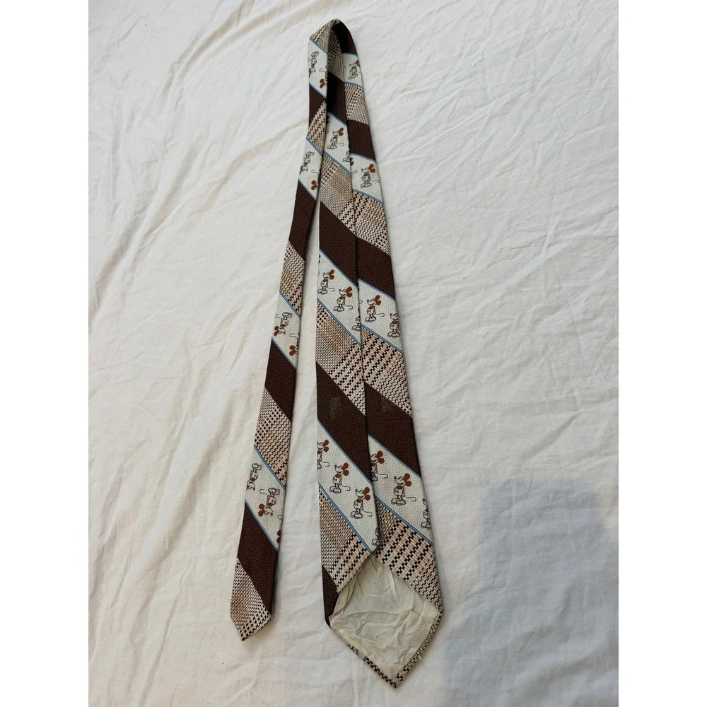 Vintage Mickey Mouse Disney Men Brown Tan Diagonal Stripe Character Necktie